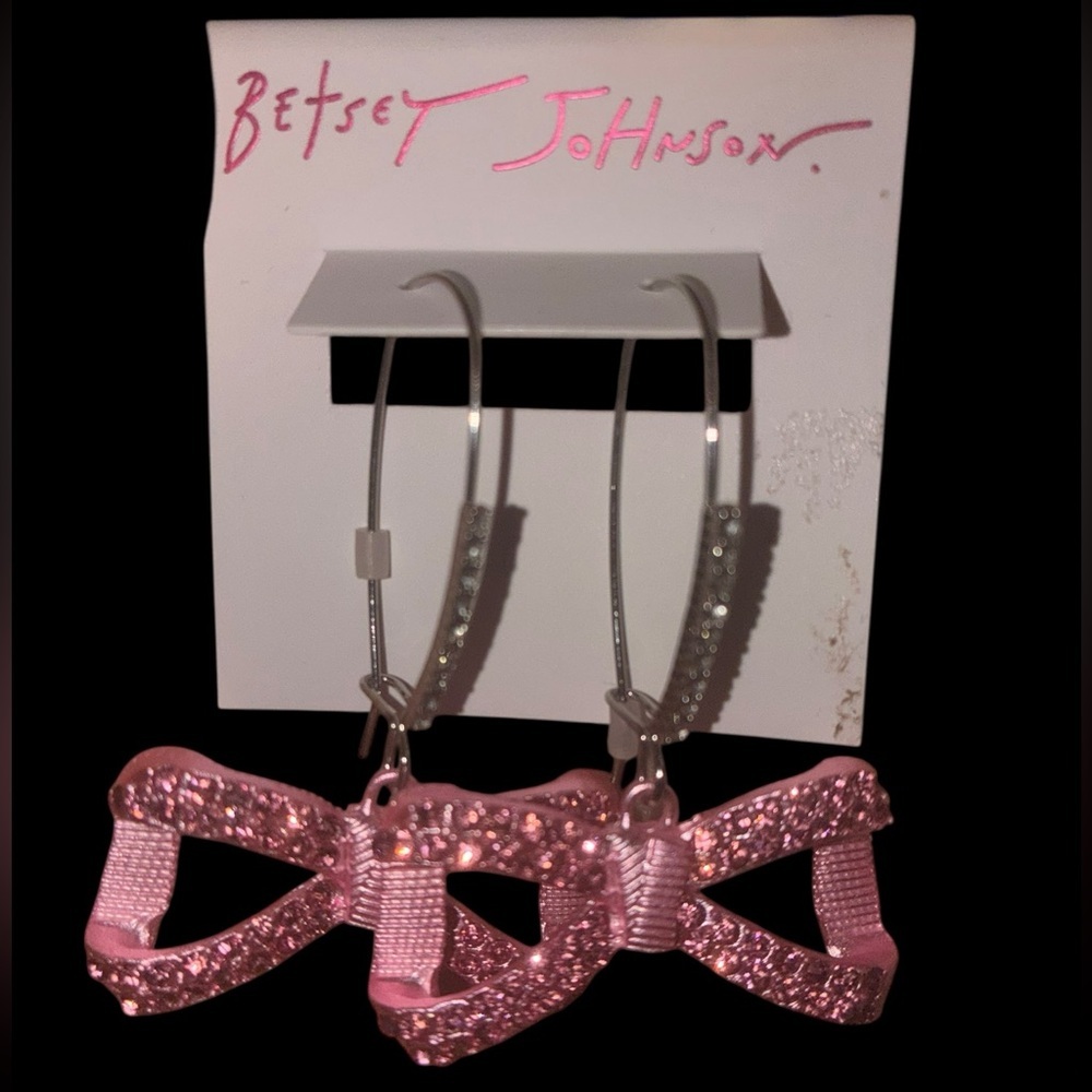 BETSEY JOHNSON Pavé-Laid Pink-Colored Crystal Bows Dangle/Drop Earrings NEW NWT